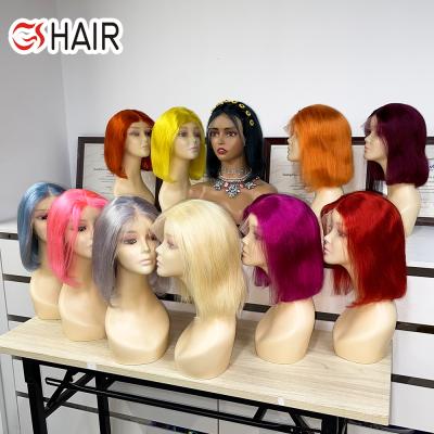 China Pink Yellow Blue Burgundy Regular Wave GS Straight Bob Wigs For Women 4X4 Lace Closure, Colored Bob Human Hair Wigs With Natural Hairline for sale