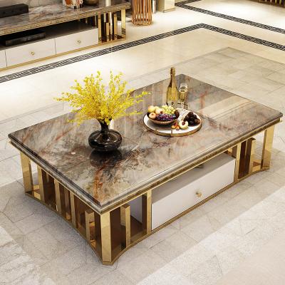 China (Height) 2022 Adjustable Gold Stainless Steel Luxury Marble Effect TV Stand With Coffee Table for sale