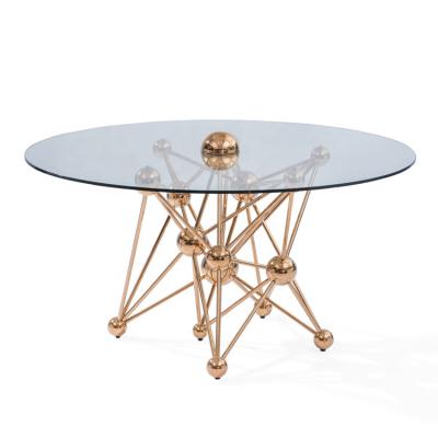 China Modern Luxury Adjustable Stainless Steel Frame Metal Gold Round (Height) Glass Dining Table Set 6 Chairs for sale