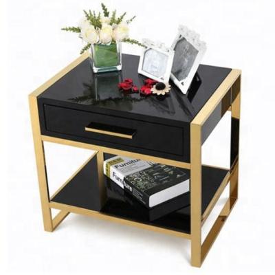 China (Size)Adjustable Sofa Corner Table Stainless Steel Bedside Table Gold Color Frame Solid Wood Square Cabinet Night Stands With Drawer for sale