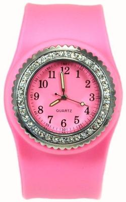 China Girls Ladies Pink Snap Slap On Silicone Wristband Watch with Crystal Set Bezel for sale