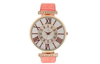 China Lady Pink Leather Strap Watches Round Metal Case Quartz Watch Movements for sale