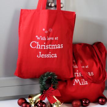 China Personalized Eco Friendly Tote Bag Embroidered Gift Christmas Red Canva Christmas Tote Bag for sale