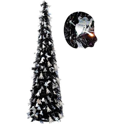 China Beautiful Colorful Artificial Flower Pop Up Tinsel Christmas Slim Black Trees With Ghost Pencil Shiny Folding Artificial Halloween Tree For Party for sale