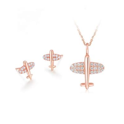 China Fashion TRENDY High Quality Handmade Plane Shaped Silver Stud Earring Set Design Rose Gold Plated Jewelry Necklace Set For Women for sale