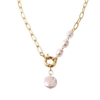 China Custom Popular Casual/Sporty 18K PVD Gold Plated Stainless Steel Chain Irregular Baroque Freshwater Pearl Pendant Necklace for sale