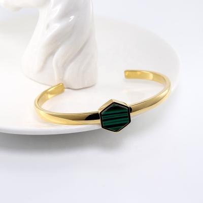 China Casual/Sporting Natural Hexagon Gemstone Malachite Custom Designs High Polish Stainless Steel PVD 18K Gold Plated Cuff Bracelet For Women Men for sale