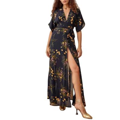 China Anti-Static Fashion Dresses Casual Bohemian Summer Dresses Custom Made Short Sleeve Split Floral Print Women Dress for sale