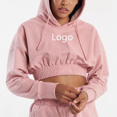 China Custom Design Organic Sweatshirt Drawstring Sweater Anti-Wrinkle Cotton High Quality Women Sport Cropped Hoodie and Cropped Set for sale