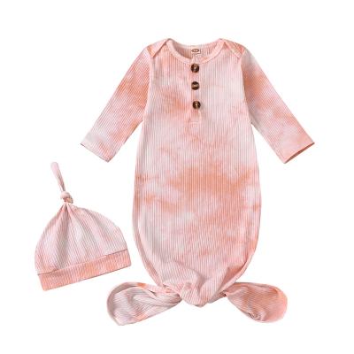 China Breathable Organic Cotton Soft Ribbed Long Sleeve Baby Nightgowns Boy Knotted Dress With Caps for sale