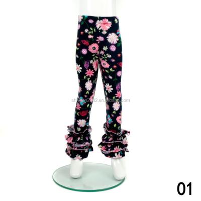 China Latest Breathable Girls Dress Pants Lines Silk Printed Icing Leggings Pants Kids Floral Trousers Kids Ruffles Leggings for sale