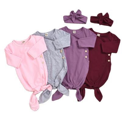 China Wholesale Breathable Baby Clothes Cotton Knotted Infant Dresses Sleeping Wear Gowns With Hairbows for sale