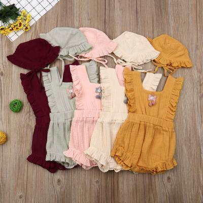 China Substantial Eco-Friendly Washable Breathable Infants Boutique Clothes Girls Gauze Organic Cotton Bodysuit Baby Double Ruffle Romper With Hat Set for sale