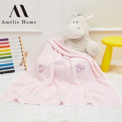 China Amelie Home Pink Baby Blanket Anti-Static Wrap Custom Knitted Baby Blankets Soft Baby Blanket With Trim for sale