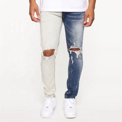 China Custom Made Men's Two Tone Ripped Hole Skinny Jeansstitching Jeans QUICK DRY flared jeans pants for men for sale