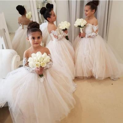 China Long Sleeve Kids Illusion Lace Up Girls' Tulle Dresses Puffy Princess Ball Gown Flower For Wedding Party for sale