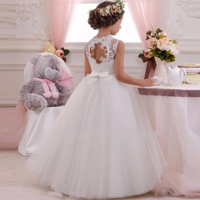 China Fashionable Sleeveless Elegant Embroidery Neck Crystal In Belt Girls Wedding Dress Floral Dress With Bow LP-63 for sale