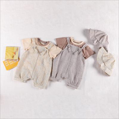 China New Arrival Infant Baby Boys And Girls Clothes Set 3 Breathable - Pieces Plaid Baby Short Sleeved Suspender Pants With Hat For Summer for sale