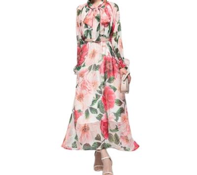 China 2021 Vintage Chiffon Dress Summer Soft Feeling Floral Printing Women Long Sleeved Retro Dress Collar Casual Slim Dresses for sale