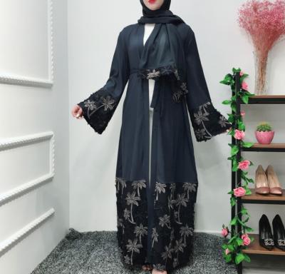 China Soft Feeling Turkish Lace Stitching Three Dimensional Clothing Women's Long Dress 2021 Islamic Turkish Muslim Three Flower Cardigan Lace for sale