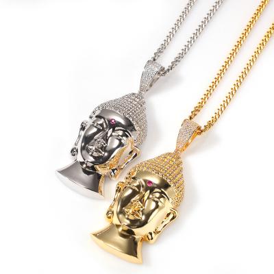 China Hiphop Hip-pop Jewelry Buddha Head Necklace Golden Sliver Crystal Zircon Brass Pendant Necklace for sale