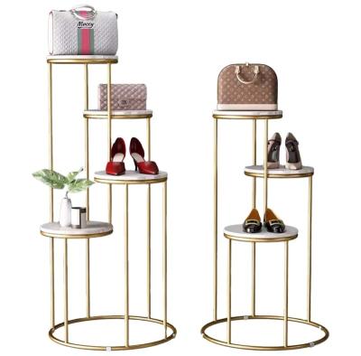 China High End Stainless Steel Bag and Shoe Display Racks Showcase Design Floorstanding Leather Shoes and Bag Display Rack Luxury Wood for sale