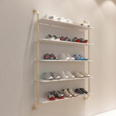 China Multilayer Wall Mounted Metal+Wood+Metal 3/4/5 Tiers MDF Bag Rack Shelf Boutique Shoe Store Display Racks For Store for sale