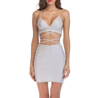 China Anti-Static Straps Halter Two Piece Club Party Dress Sequin Fashion Sexy Short Mini Skirt Set On Sale for sale