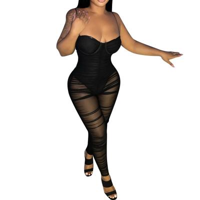 China Good Quality Sexy QUICK DRY Spring Off The Shoulder Spaghetti Tie Black V-Neck Jumpsuits Shape Sheer Mesh See Through Jumpsuit For Women for sale