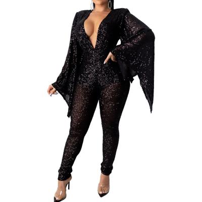 China New Style Butterfly QUICK DRY Sexy Deep V Neck Long Sleeve Custom Spring Jumpsuit For Women Fashion Party Wear Sequin Jumpsuit Women for sale