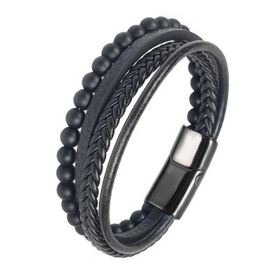 중국 Punk Men's Stainless Steel Leather Multilayer Black Frosted Beads Black Woven Magnet Beaded Bracelet 판매용