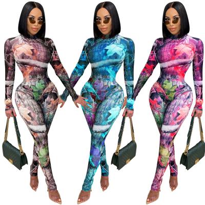 China 2021 QUICK DRY Spring Stylish Ribbed Bodycon Skinny Printed Overalls Jumpsuit And Pants Set Girl Jumpsuits for sale