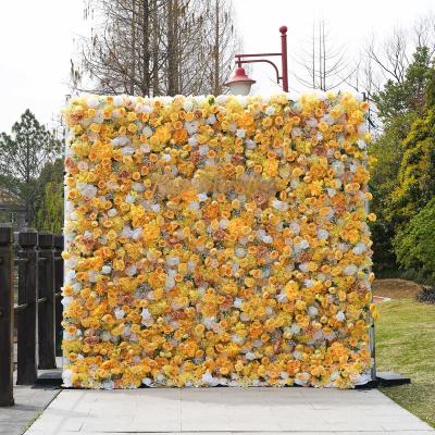 China Wedding Party Event Decor Custom High Quality Wedding Yellow Roses Flower Panel Artificial Decorative Flower Floral Wall for sale