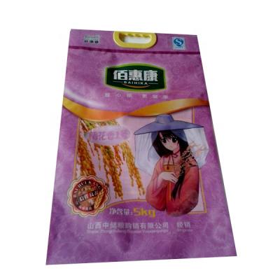 China Recyclable Rice Plastic Bags With Printed Colors Laminated White 5kgs Nylon Rice Plastic Heat Seal Packaging Bags With Handle for sale