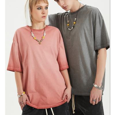 China High Street New Summer Gradient Anti-Wrinkle Color T-shirt Edge Sleeve T-shirts Mens Womens Vintage Worn Short Fashion High Street Unisex Oversized T-shirt for sale