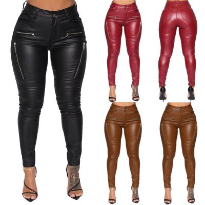 China Waterproof Women's Zipper Pocket Slim Casual Mid-Waist Pants Pu Leather Gaiters for sale