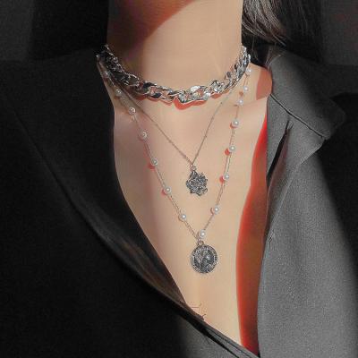 China Trendy 2021 Fashion Punk Necklace 3 Layers Long Chain Stacked Necklaces for sale