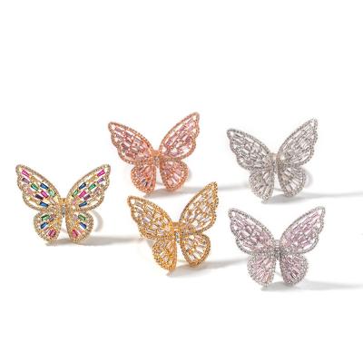 China Butterfly ring wholesale fashion square unisex CZ stones rings gold jewelry hiphop butterfly shape charm copper ring for sale