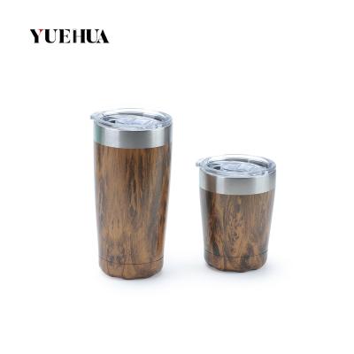 China Cheap Viable 20oz Wooden Grain Paint Vacuum Insulated Stainless Steel Coffee Mug Vacuum Tumbler With Plastic Lid for sale