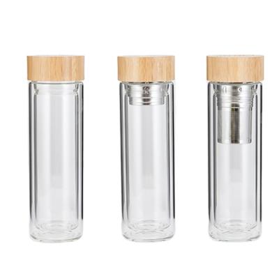 China Viable Custom LOGO bamboo cover glass bottle with tea infuser double wall glass water bottl for sale