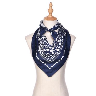 China Square 90x90cm Large Square Scarf For Women 100% Satin Silk Scarf Printed Women Female Silk Scarf Dark Blue for sale