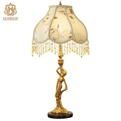 China Classic brass or copper crystal handmade lost-wax table lamp light with French style of classic light fabric lampshade for sale