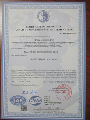 ISO9001 - Sinoy Mirror, Inc.