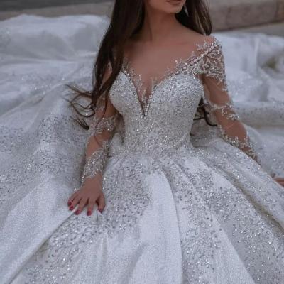 China Plus Size Wedding Apparel and Accessories 2022 A Line V Neckline Crystal Wedding Dress Lace Up Elegant Gowns m dresses Long Sleeve Wedding Dresses for sale