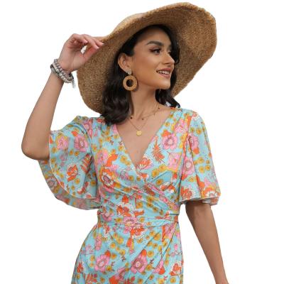 China Anti-wrinkle foreign trade border women's clothing Europe news and the United States new short sleeve v-neck printed jumpsuit shorts for sale