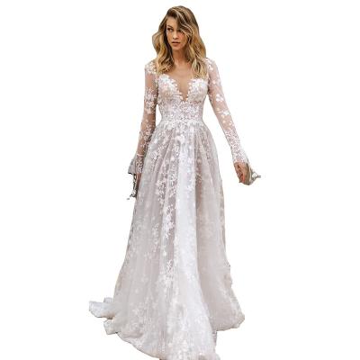 China Spring and summer anti-static sexy lace new dress long-sleeved evening dress and American wedding dress for sale