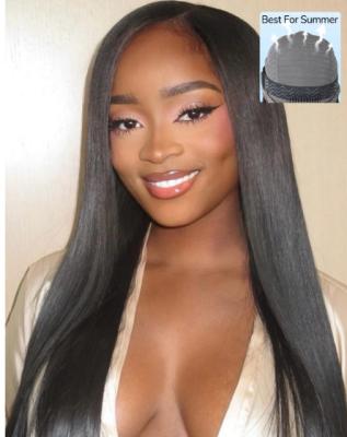 China 7x6 Glueless Human Hair Wigs Kinky Black Straight Hair Wig With Pre Bleached Invisible Knots for sale