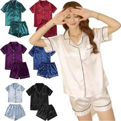 China Female Warm Solid Short Sleeve Satin Pajamas Loungewear 2 Pcs Soft Sleepwear QUICK DRY Plus Size Designer Satin Printed Pajamas for sale