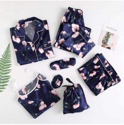 China Women QUICK DRY Cami Pjs Set With Eye Mask Silky Satin Shirt And Floral Button Down Sleeveless Pajamas 7pcs Set Ladies Loungewear for sale