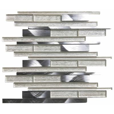 China 12x12 Acid Resistant Brushed Metal Aluminum Mosaic Mix Large White And Silver Slate Strip Pattern Glass Mosaic Tile for sale